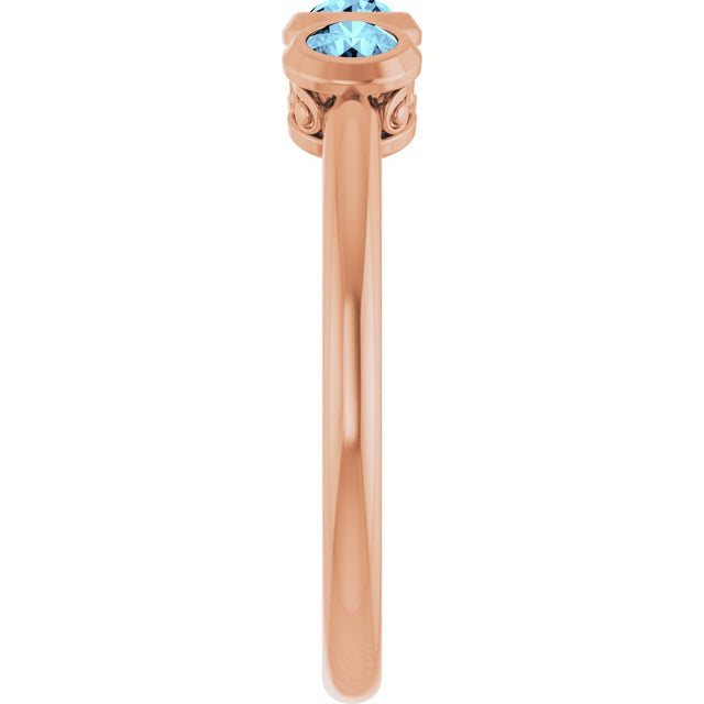 14K Gold Round Natural Aquamarine Three-Stone Bezel-Set Ring - Rose Gold - view 13