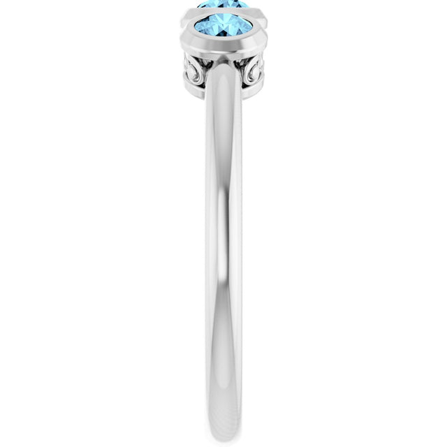 Platinum Round Natural Aquamarine Three-Stone Bezel-Set Ring - view 13