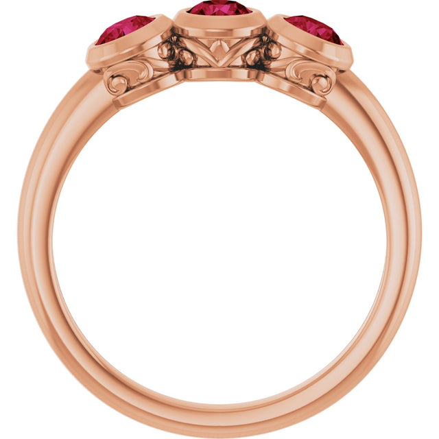 14K Gold Round Natural Ruby Three-Stone Bezel-Set Ring - Rose Gold - view 7