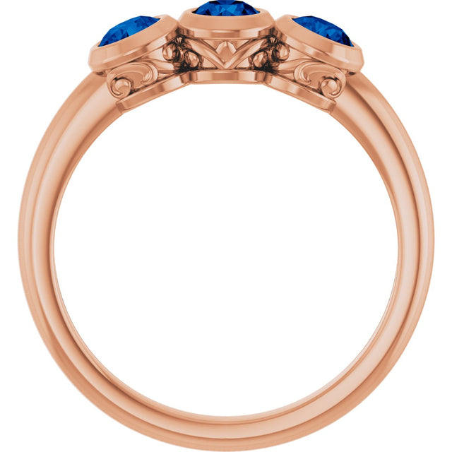 14K Gold Round Natural Blue Sapphire Three-Stone Bezel-Set Ring - Rose Gold - view 7