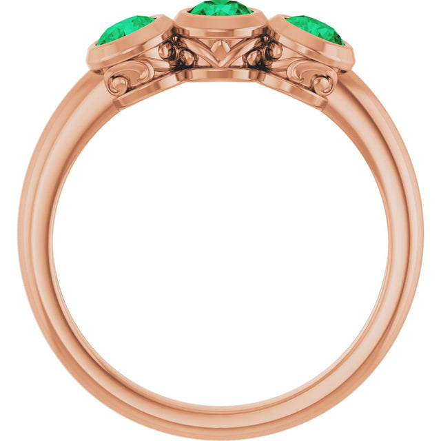 14K Gold Round Natural Emerald Three-Stone Bezel-Set Ring - Rose Gold - view 7