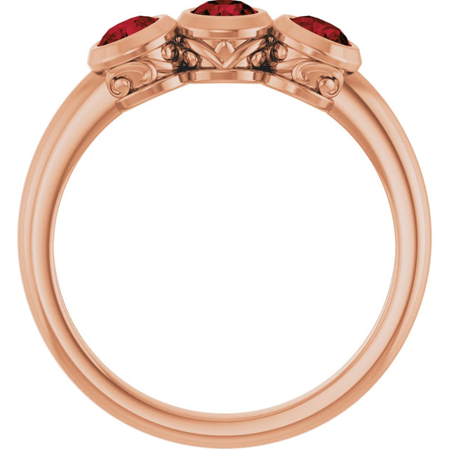 14K Gold Round Natural Mozambique Garnet Three-Stone Bezel-Set Ring - Rose Gold - view 7