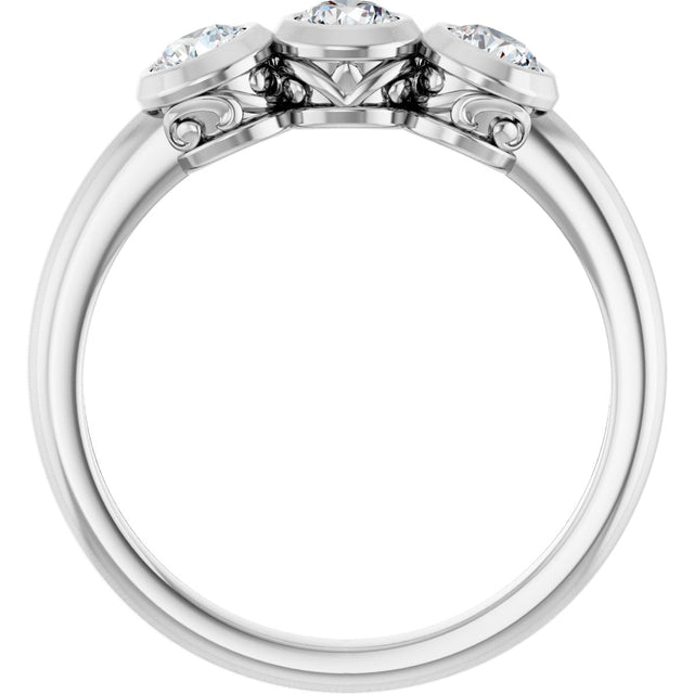 14K Gold Round Natural White Sapphire Three-Stone Bezel-Set Ring - White Gold - view 7