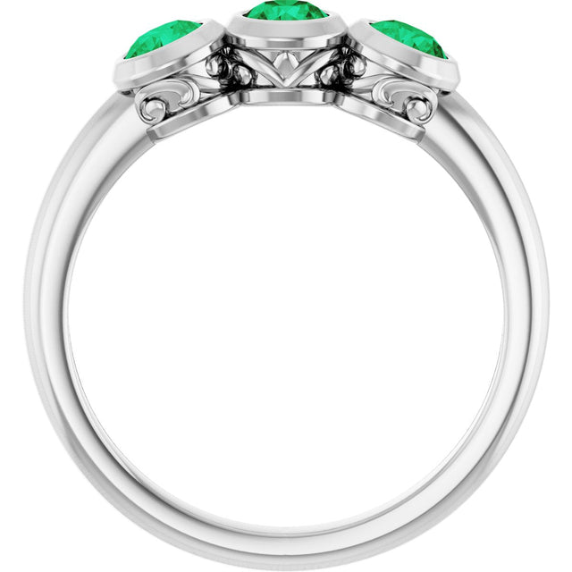 Platinum Round Lab-Grown Emerald Three-Stone Bezel-Set Ring - view 9