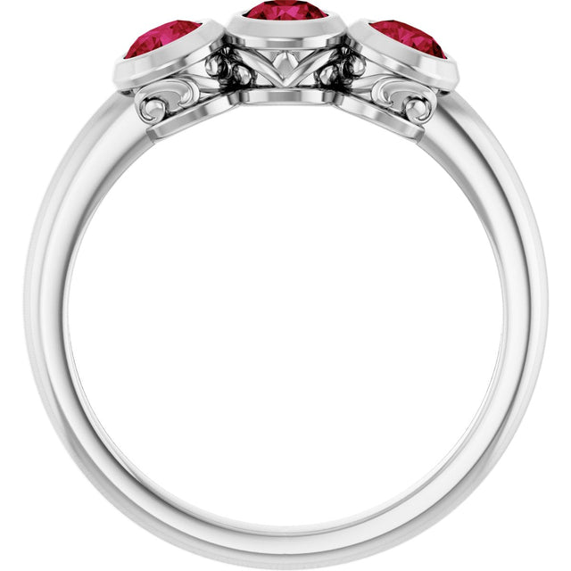 14K Gold Round Lab-Grown Ruby Three-Stone Bezel-Set Ring - White Gold - view 7