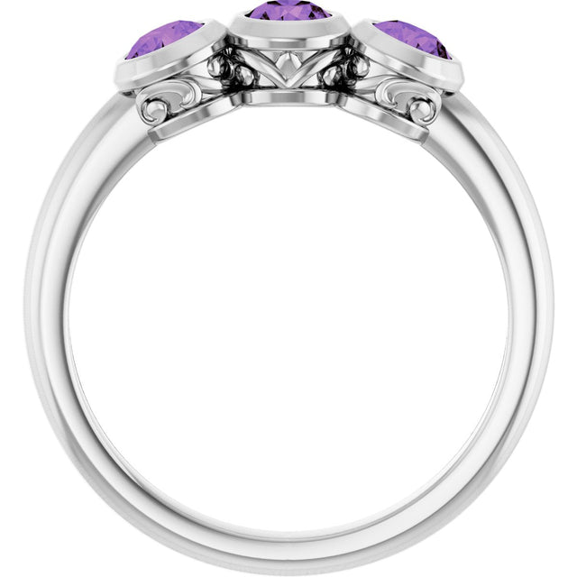 14K Gold Round Natural Amethyst Three-Stone Bezel-Set Ring - White Gold - view 7