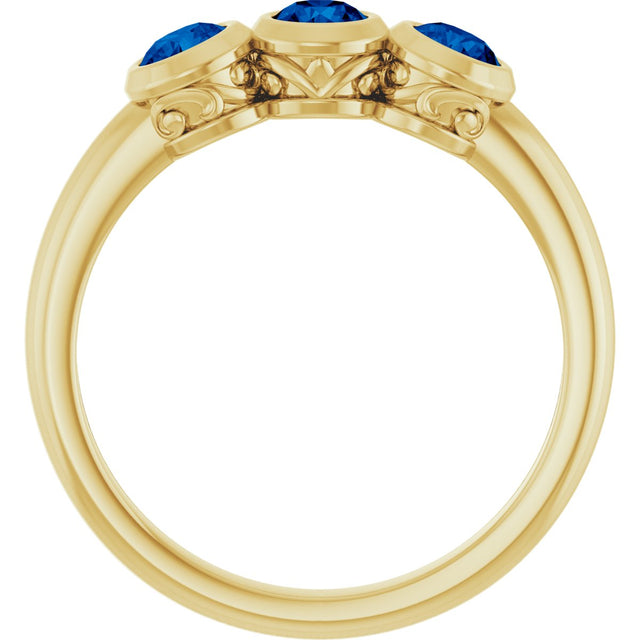 14K Gold Round Natural Blue Sapphire Three-Stone Bezel-Set Ring - Yellow Gold - view 7