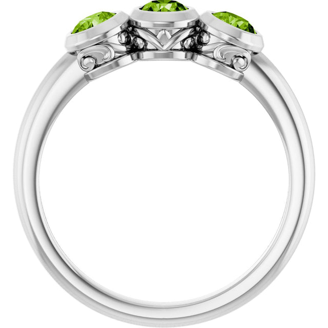 14K Gold Round Natural Peridot Three-Stone Bezel-Set Ring - White Gold - view 7