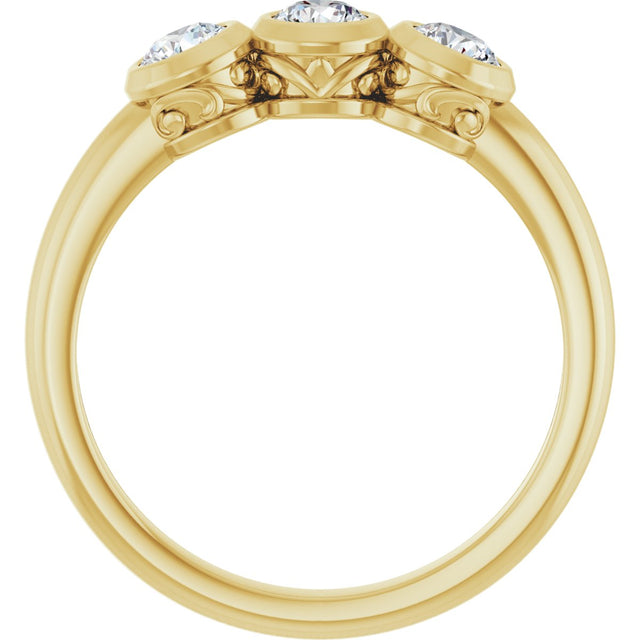 14K Gold Round Natural White Sapphire Three-Stone Bezel-Set Ring - Yellow Gold - view 7