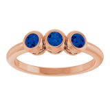 14K Gold Round Natural Blue Sapphire Three-Stone Bezel-Set Ring - Rose Gold - view 10