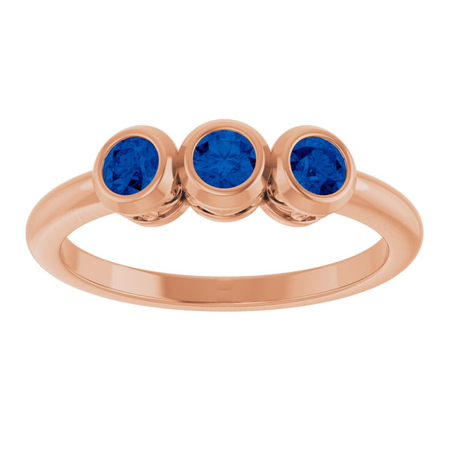 14K Gold Round Natural Blue Sapphire Three-Stone Bezel-Set Ring - Rose Gold - view 10