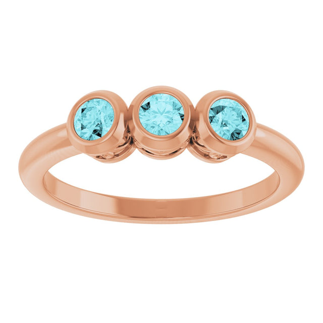 14K Gold Round Natural Blue Zircon Three-Stone Bezel-Set Ring - Rose Gold - view 10