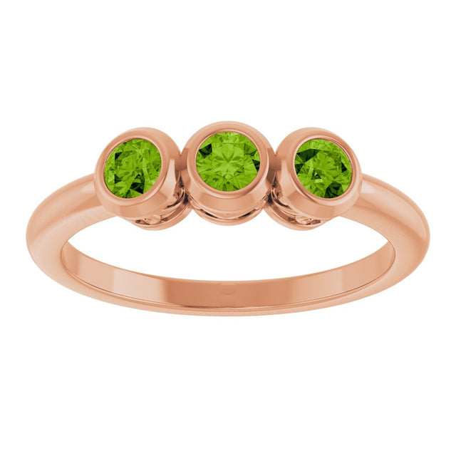 14K Gold Round Natural Peridot Three-Stone Bezel-Set Ring - Rose Gold - view 10