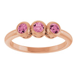 14K Gold Round Natural Pink Tourmaline Three-Stone Bezel-Set Ring - Rose Gold - view 10