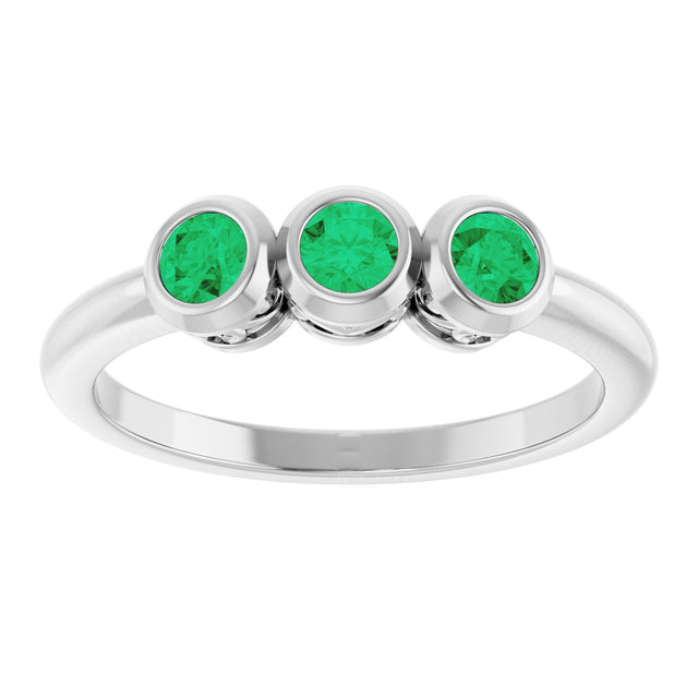 14K Gold Round Natural Emerald Three-Stone Bezel-Set Ring - White Gold - view 8