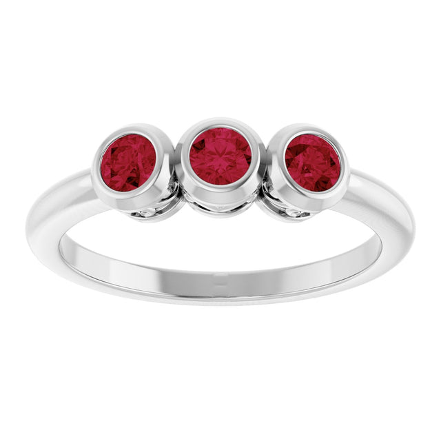 14K Gold Round Natural Ruby Three-Stone Bezel-Set Ring - White Gold - view 8