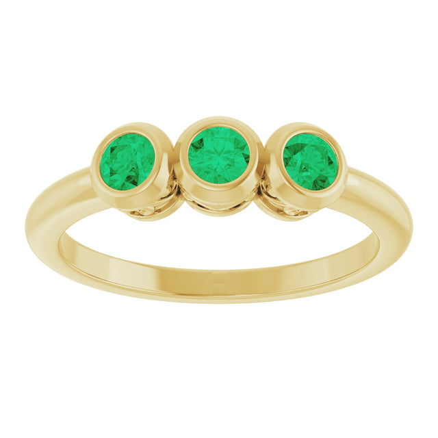 14K Gold Round Natural Emerald Three-Stone Bezel-Set Ring - Yellow Gold - view 8