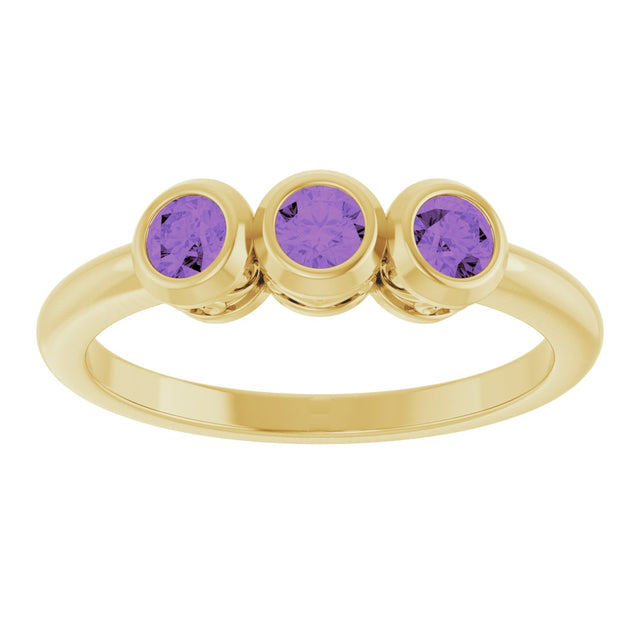 14K Gold Round Natural Amethyst Three-Stone Bezel-Set Ring - Yellow Gold - view 8