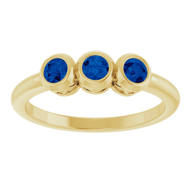 14K Gold Round Natural Blue Sapphire Three-Stone Bezel-Set Ring - Yellow Gold - view 8