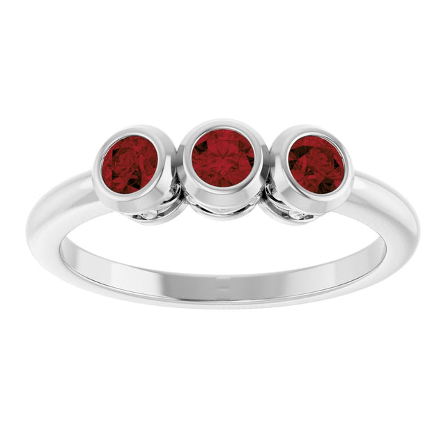 14K Gold Round Natural Mozambique Garnet Three-Stone Bezel-Set Ring - White Gold - view 8
