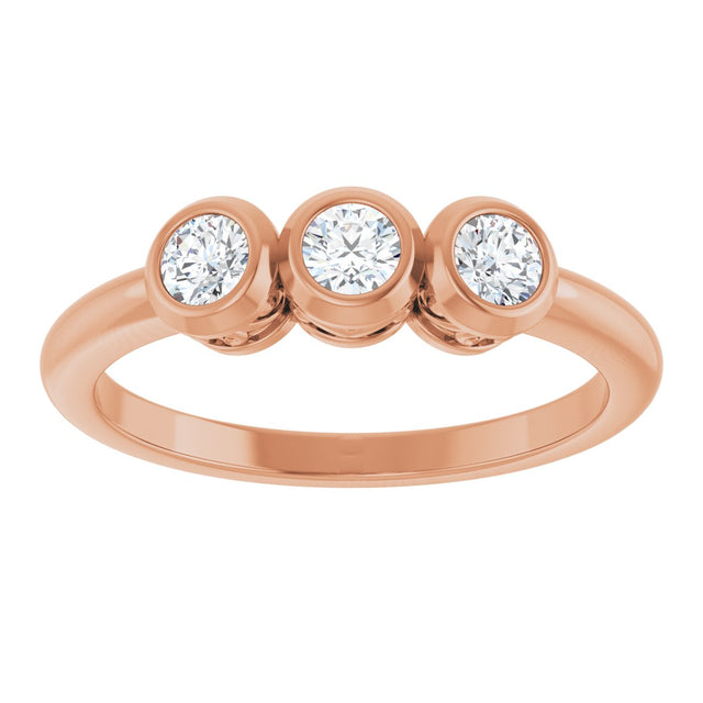 14K Gold Round Natural Diamond Three-Stone Bezel-Set Ring – 2.5-4mm Stones - Rose Gold - view 10