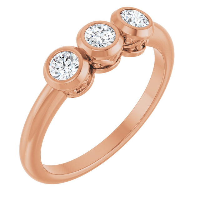 14K Gold Round Natural Diamond Three-Stone Bezel-Set Ring – 2.5-4mm Stones - Rose Gold - view 8