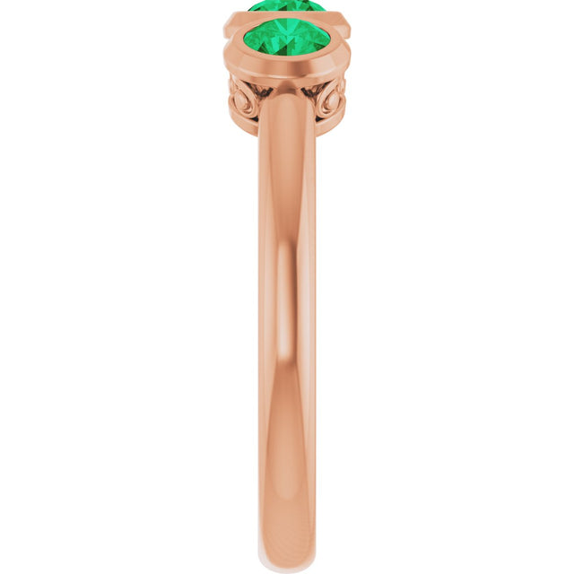 14K Gold Round Lab-Grown Emerald Three-Stone Bezel-Set Ring - Rose Gold - view 13