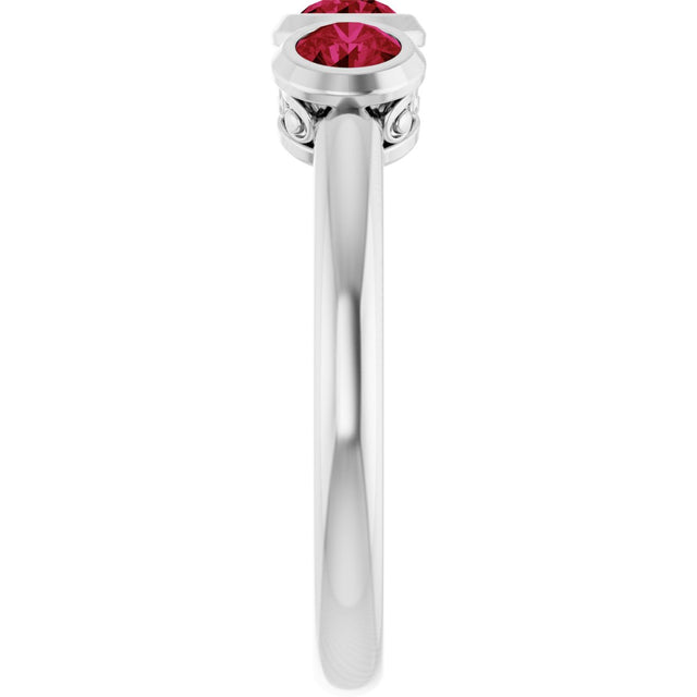 Platinum Round Natural Ruby Three-Stone Bezel-Set Ring - view 13