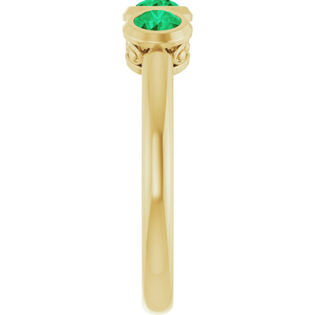 14K Gold Round Lab-Grown Emerald Three-Stone Bezel-Set Ring - Yellow Gold - view 9