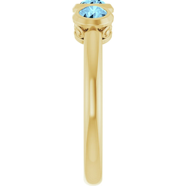 14K Gold Round Natural Aquamarine Three-Stone Bezel-Set Ring - Yellow Gold - view 9