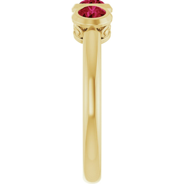 14K Gold Round Natural Ruby Three-Stone Bezel-Set Ring - Yellow Gold - view 9