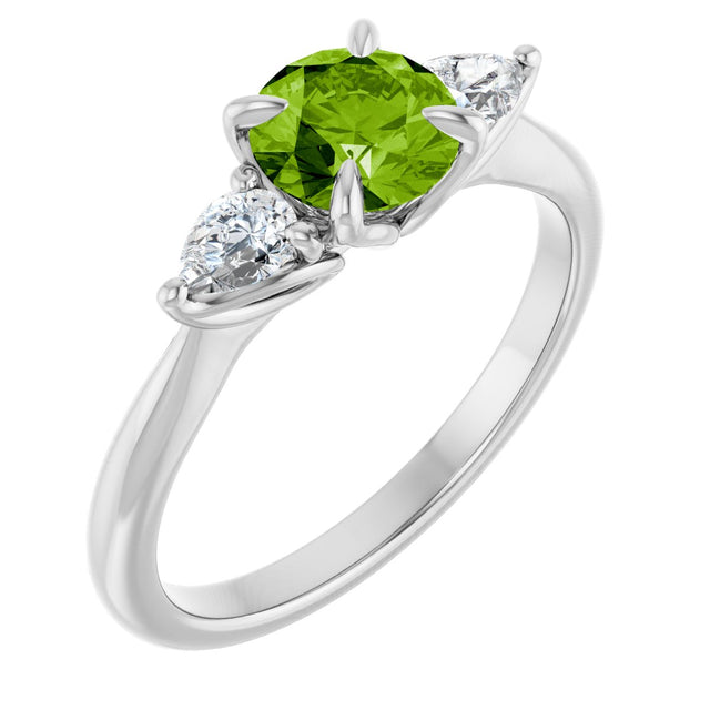 14K Gold Round Natural Peridot & Natural Diamond Side-Stone Ring - White Gold
