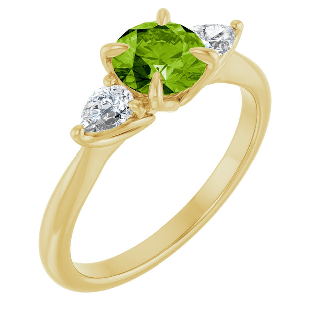 14K Gold Round Natural Peridot & Natural Diamond Side-Stone Ring - Yellow Gold