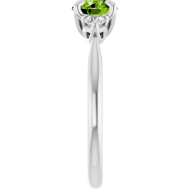 14K Gold Round Natural Peridot & Natural Diamond Side-Stone Ring - White Gold - view 4