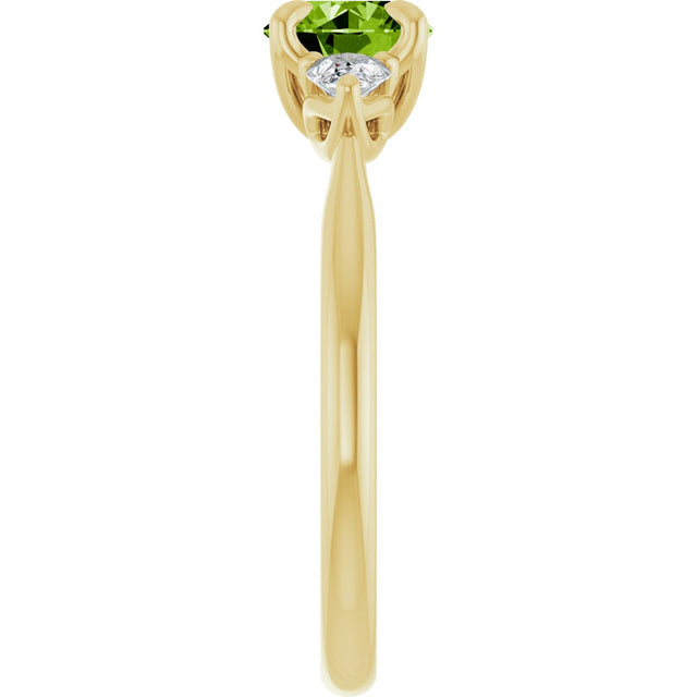 14K Gold Round Natural Peridot & Natural Diamond Side-Stone Ring - Yellow Gold - view 4