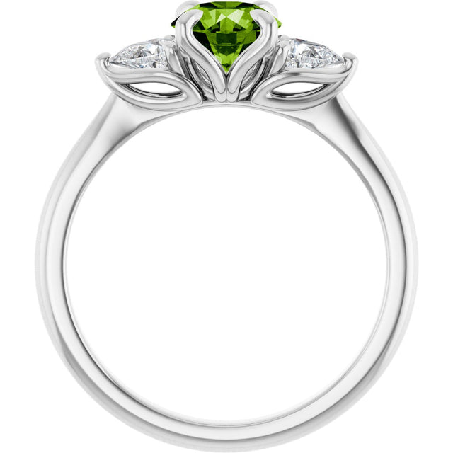 Platinum Round Natural Peridot & Natural Diamond Side-Stone Ring - view 2