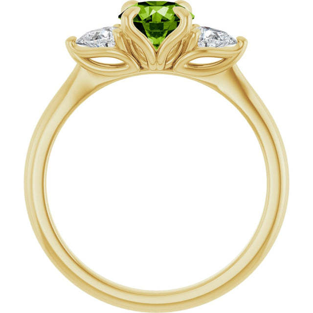 14K Gold Round Natural Peridot & Natural Diamond Side-Stone Ring - Yellow Gold - view 2