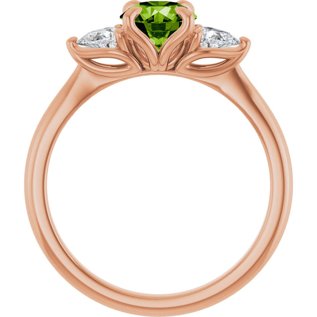 14K Gold Round Natural Peridot & Natural Diamond Side-Stone Ring - Rose Gold - view 2
