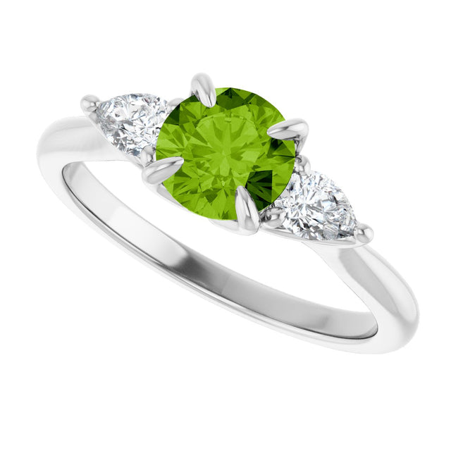 14K Gold Round Natural Peridot & Natural Diamond Side-Stone Ring - White Gold - view 5
