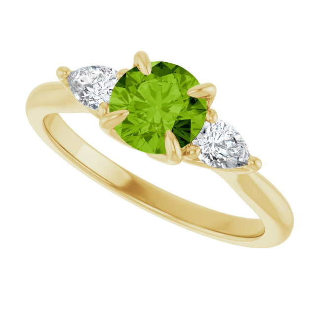 14K Gold Round Natural Peridot & Natural Diamond Side-Stone Ring - Yellow Gold - view 5
