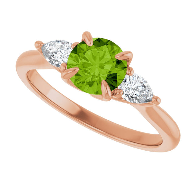 14K Gold Round Natural Peridot & Natural Diamond Side-Stone Ring - Rose Gold - view 5