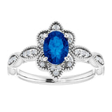 14K Gold Oval Lab-Grown Blue Sapphire & Natural Diamond Accented Ring – 7x5mm - White Gold - view 3