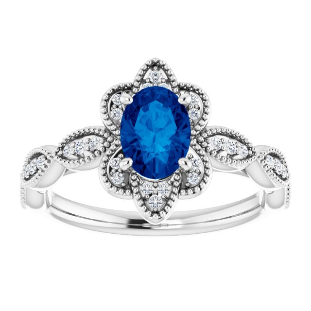 14K Gold Oval Lab-Grown Blue Sapphire & Natural Diamond Accented Ring – 7x5mm - White Gold - view 3