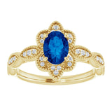 14K Gold Oval Lab-Grown Blue Sapphire & Natural Diamond Accented Ring – 7x5mm - Yellow Gold - view 3