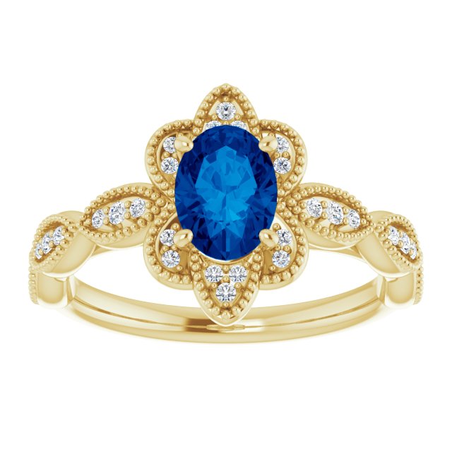 14K Gold Oval Lab-Grown Blue Sapphire & Natural Diamond Accented Ring – 7x5mm - Yellow Gold - view 3
