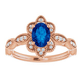 14K Gold Oval Lab-Grown Blue Sapphire & Natural Diamond Accented Ring – 7x5mm - Rose Gold - view 3