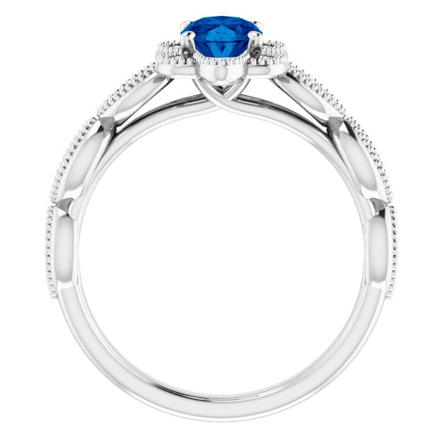 14K Gold Oval Lab-Grown Blue Sapphire & Natural Diamond Accented Ring – 7x5mm - White Gold - view 2