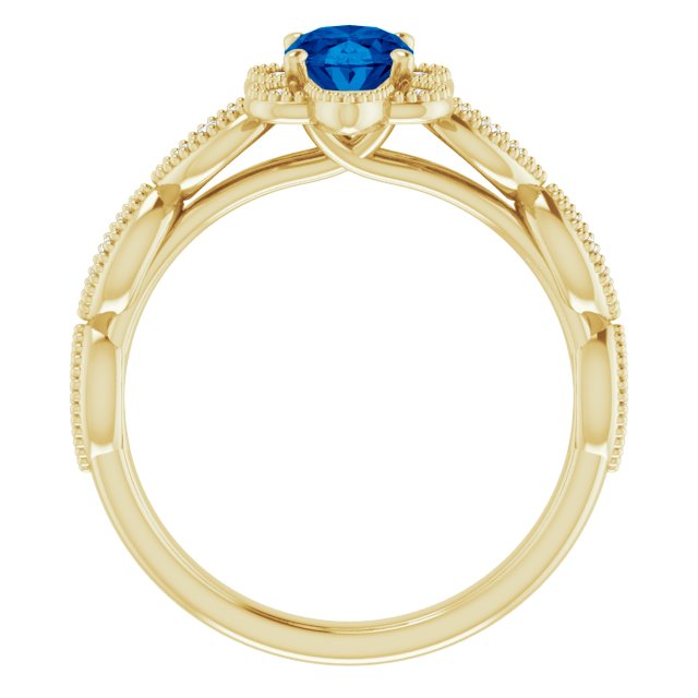 14K Gold Oval Lab-Grown Blue Sapphire & Natural Diamond Accented Ring – 7x5mm - Yellow Gold - view 2