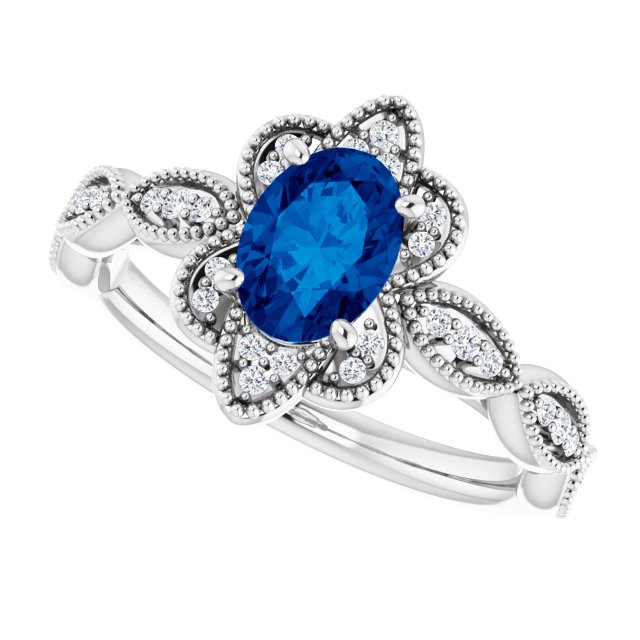 Platinum Oval Lab-Grown Blue Sapphire & Natural Diamond Accented Ring – 7x5mm - view 5
