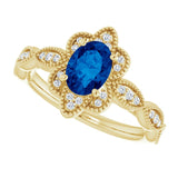 14K Gold Oval Lab-Grown Blue Sapphire & Natural Diamond Accented Ring – 7x5mm - Yellow Gold - view 5